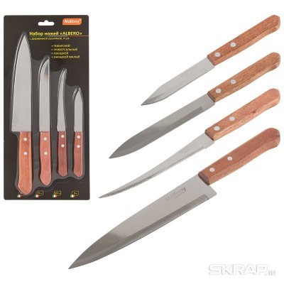 Набор ножей с деревянной рукояткой ALBERO 4 шт (поварской, универсальный, овощной, овощной малый)