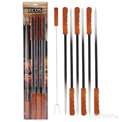 Шампуры с деревянными ручками ECOS 23003D (набор из 6 штук), нерж., в комплекте вилка для мяса.